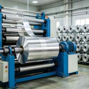 1235-O foil jumbo rolls being slit into tape-width strips for converters.