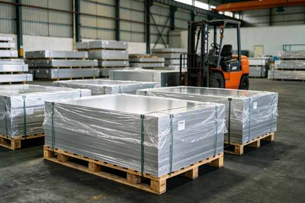 Custom-cut 1060 lembaran aluminium, PVC-film protected and palletized for dispatch. Custom-cut 1060 aluminum sheets, PVC-film protected and palletized for dispatch.