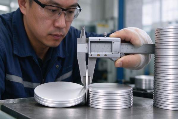 Dimensional and surface inspection of 1060 circles before packing.