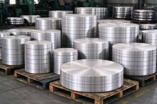 1060 aluminum circles stacked by diameter, ready for forming.