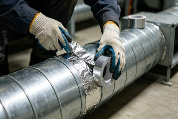 1235 foil tape sealing an HVAC duct joint for an airtight, vapor-tight seal.