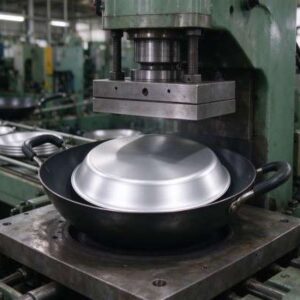 A press deep-draws a flat circle into a seamless pan.