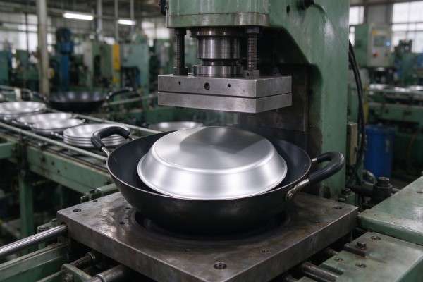 A press deep-draws a flat circle into a seamless pan.