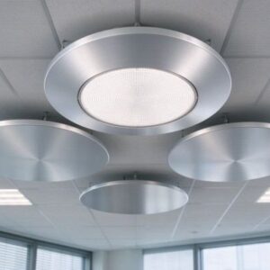 Anodized circular reflectors and diffusers in round luminaires.