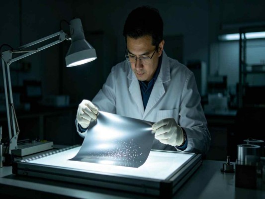 Pinholes are counted on a back-lit table—the decisive QC step for light-gauge foil.