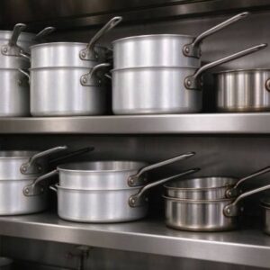 Stockpots and saucepans deep-drawn from heavy circles.