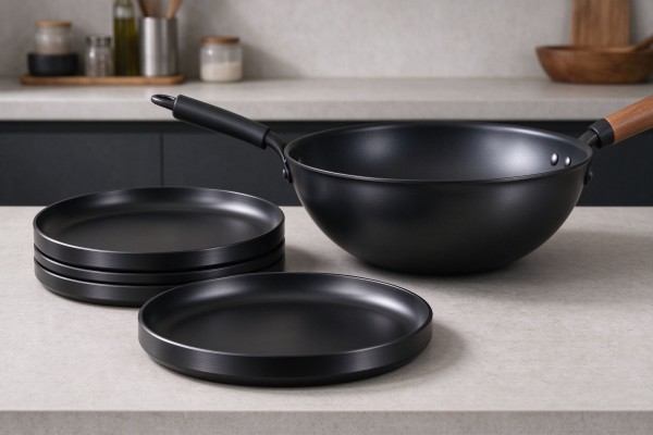 Hard-anodized circles are drawn into dark, durable cookware.