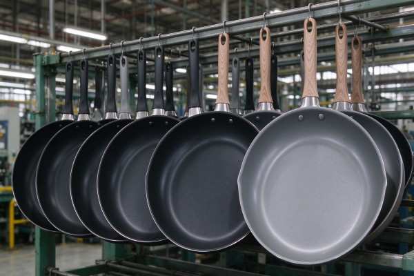 Non-stick frying pans coated on the finished drawn bodies.