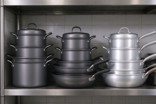 Anodized aluminum cookware bodies in dark and silver finishes.