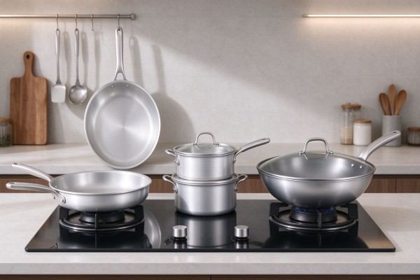 Finished cookware produced from deep-drawn aluminum circles.